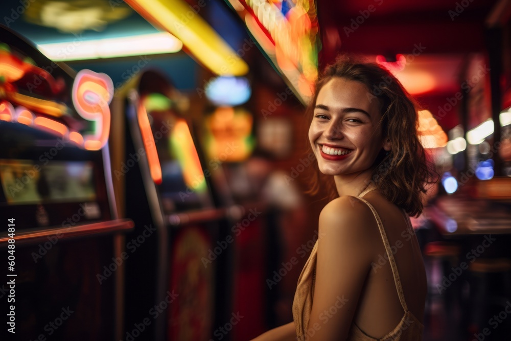 Lifestyle portrait photography of a satisfied girl in her 30s wearing an elegant long skirt against a lively comedy club background. With generative AI technology