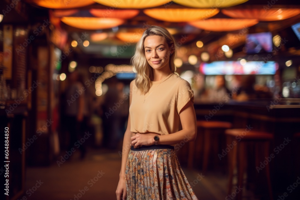 Lifestyle portrait photography of a satisfied girl in her 30s wearing an elegant long skirt against a lively comedy club background. With generative AI technology - obrazy, fototapety, plakaty 