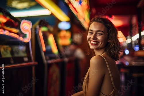 Lifestyle portrait photography of a satisfied girl in her 30s wearing an elegant long skirt against a lively comedy club background. With generative AI technology © Markus Schröder