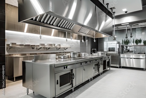 restaurant kitchen with sleek and stylish design, featuring modern appliances and stainless steel, created with generative ai