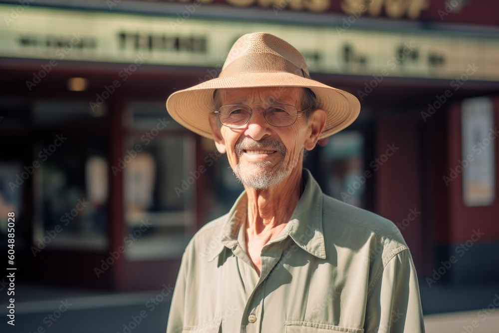 Medium shot portrait photography of a glad mature man wearing a stylish sun hat against a classic movie theater background. With generative AI technology Medium shot portrait photography of a glad mature man wearing a stylish sun hat against a classic movie theater background. With generative AI technology