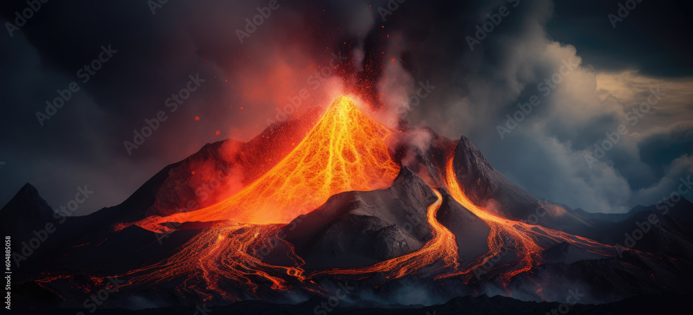 A volcano erupting. Eruption of a volcanic mountain, and red magma spewing out and flowing. Hand edited generative AI. 
