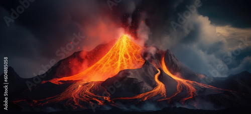A volcano erupting. Eruption of a volcanic mountain, and red magma spewing out and flowing. Hand edited generative AI. 