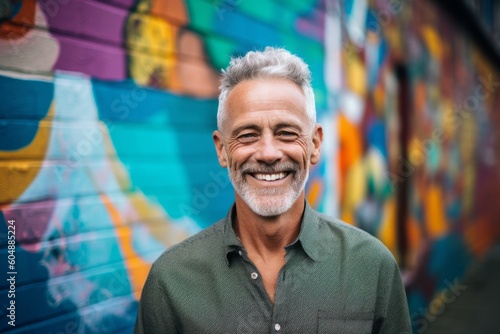 Close-up portrait photography of a grinning mature man wearing comfortable jeans against a vibrant street mural background. With generative AI technology