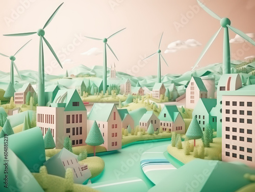 energy concept design, Paper art style of eco city. AI generative