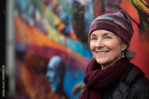 Lifestyle portrait photography of a glad mature woman wearing a warm beanie or knit hat against a vibrant street mural background. With generative AI technology