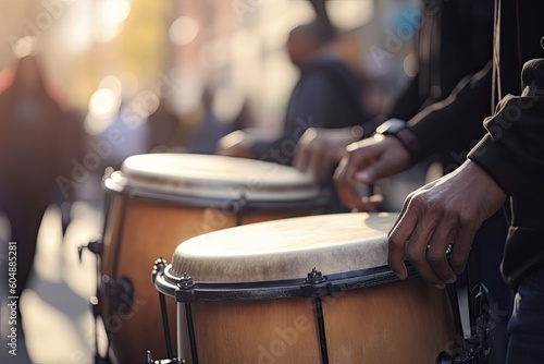 Street musicians with drums close-up, beautiful blurred background. Generative AI