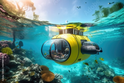 submersible exploring the depths of a secluded lagoon, surrounded by vibrant coral reefs, created with generative ai photo