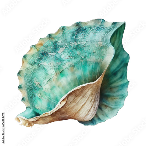 Blue watercolor seashell illustration isolated on transparent background, underwater animals ocean collection. Generative AI 