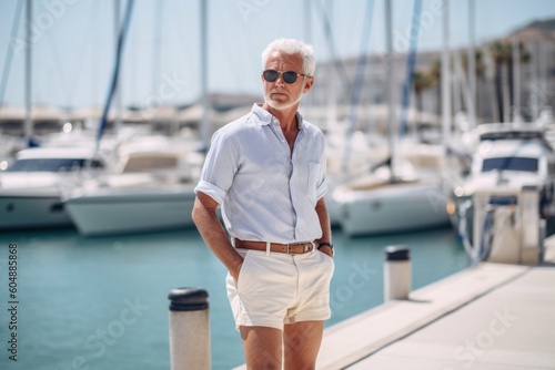 Environmental portrait photography of a tender mature man wearing breezy shorts against a busy marina background. With generative AI technology