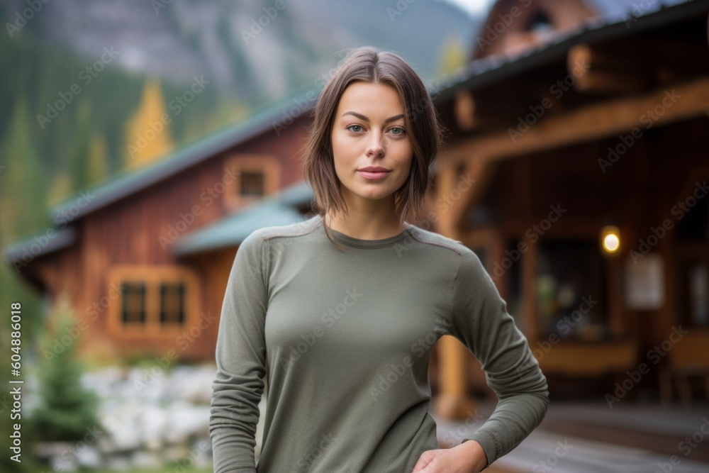 Medium shot portrait photography of a glad girl in her 30s wearing an elegant long-sleeve shirt against a cozy mountain lodge background. With generative AI technology