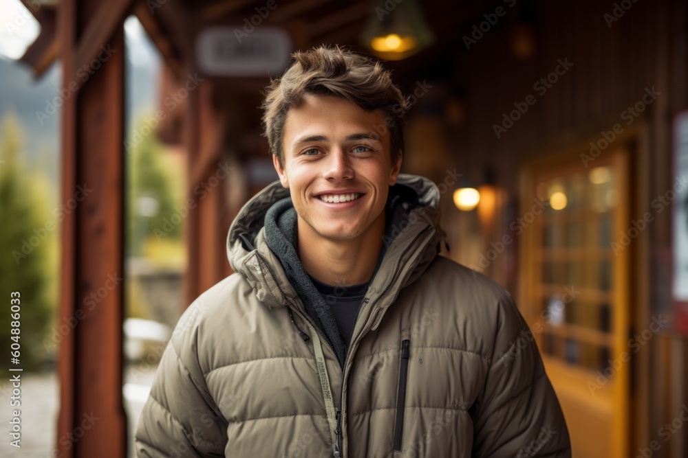 Environmental portrait photography of a happy boy in his 30s wearing a stylish hoodie against a cozy mountain lodge background. With generative AI technology Environmental portrait photography of a happy boy in his 30s wearing a stylish hoodie against a cozy mountain lodge background. With generative AI technology