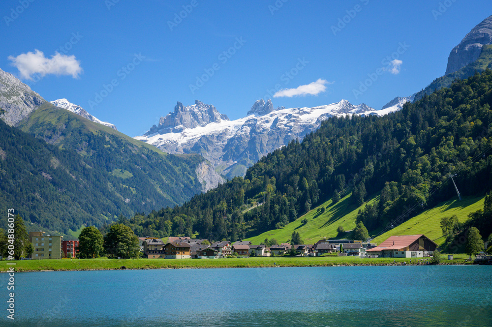 Lake Eugenisee with Engelberg village, Switzerland.