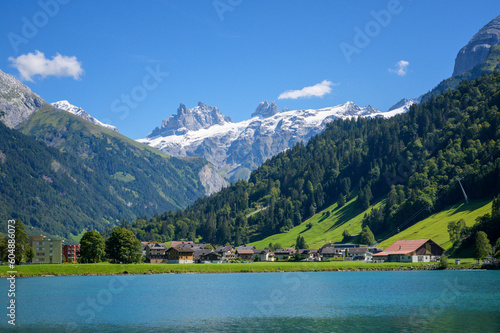 Lake Eugenisee with Engelberg village, Switzerland.