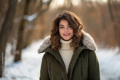 Environmental portrait photography of a glad girl in her 30s wearing a cozy winter coat against a serene nature trail background. With generative AI technology