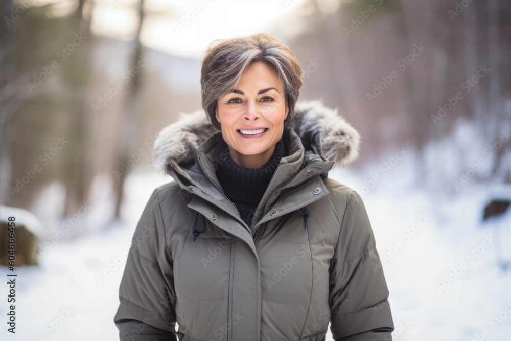 Medium shot portrait photography of a grinning mature woman wearing a cozy winter coat against a serene nature trail background. With generative AI technology Medium shot portrait photography of a grinning mature woman wearing a cozy winter coat against a serene nature trail background. With generative AI technology