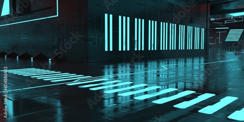 3D render of a Neon pedestrian crossing on a wet dark road of a futuristic cyberpunk city. Next to the building with neon stripes on the wall. A gloomy urban future. Futuristic wallpaper.