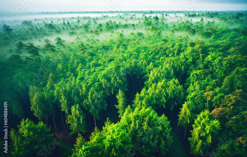 Aerial view of misty forest in the morning. Beautiful nature landscape. Generative AI.