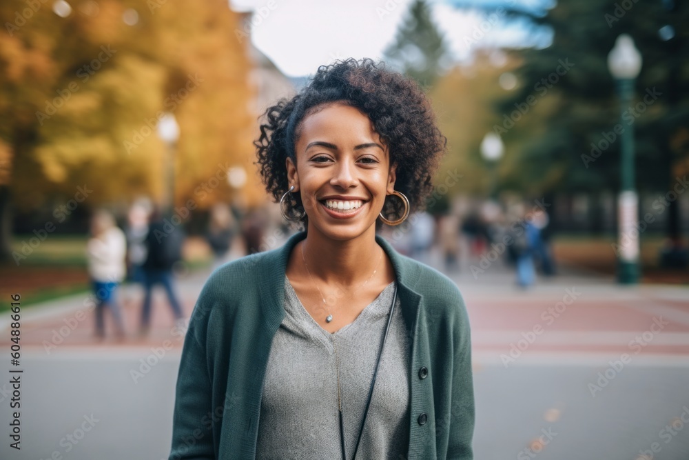 Environmental portrait photography of a grinning girl in her 30s wearing a chic cardigan against a bustling university campus background. With generative AI technology Environmental portrait photography of a grinning girl in her 30s wearing a chic cardigan against a bustling university campus background. With generative AI technology
