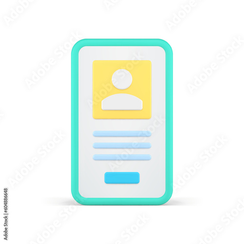 Smartphone app user mainpage homepage personal account authorization 3d icon realistic vector