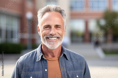Headshot portrait photography of a joyful mature man wearing comfortable jeans against a bustling university campus background. With generative AI technology