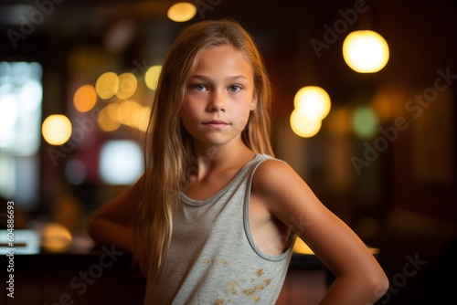 Photography in the style of pensive portraiture of a happy kid female wearing a sporty tank top against a lively pub background. With generative AI technology