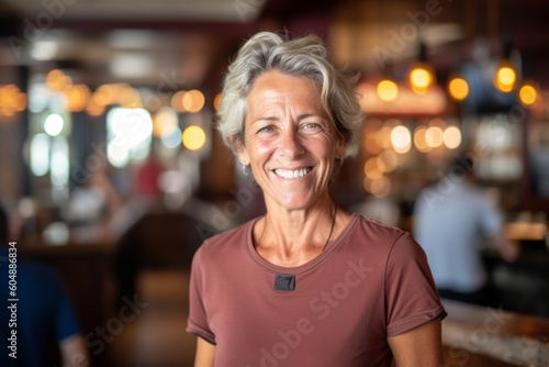 Medium shot portrait photography of a grinning mature woman wearing a casual t-shirt against a lively pub background. With generative AI technology