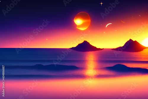 Beautiful shining sunset  comet and shooting stars  rising crescent and incredible celestial image. - generative ai 