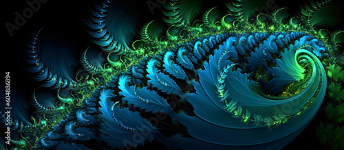 Macro intricate spiral of abstract fern leaves in turquoise, blue and green colors. Panoramic Generative AI illustration.