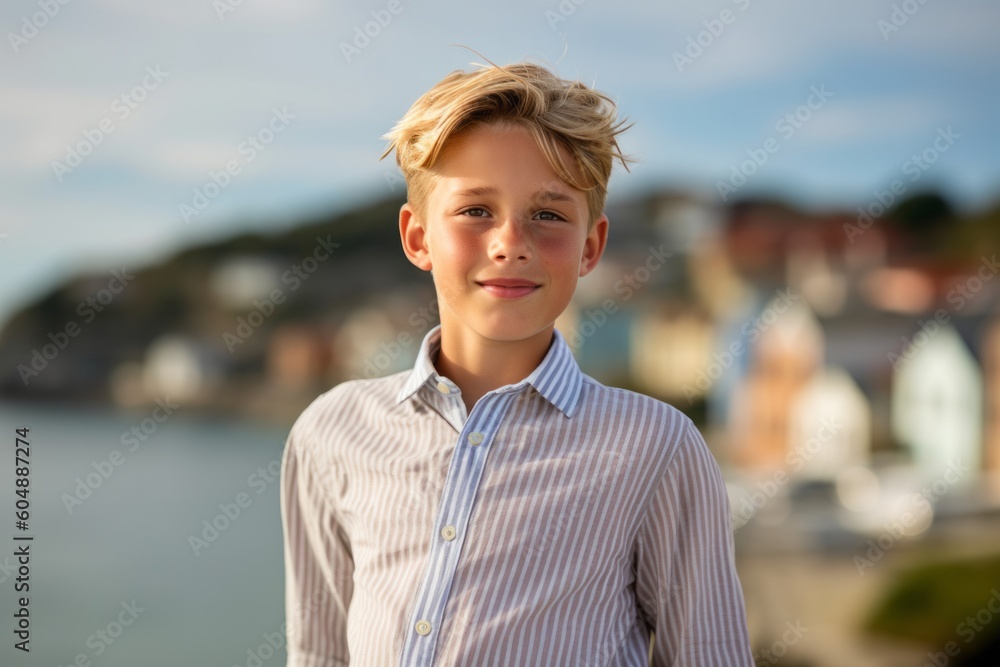 Medium shot portrait photography of a glad kid male wearing a classy button-up shirt against a scenic coastal village background. With generative AI technology Medium shot portrait photography of a glad kid male wearing a classy button-up shirt against a scenic coastal village background. With generative AI technology