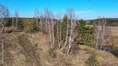 aerial photography of nature. top view of the river and the meadow with the forest. awakening of nature