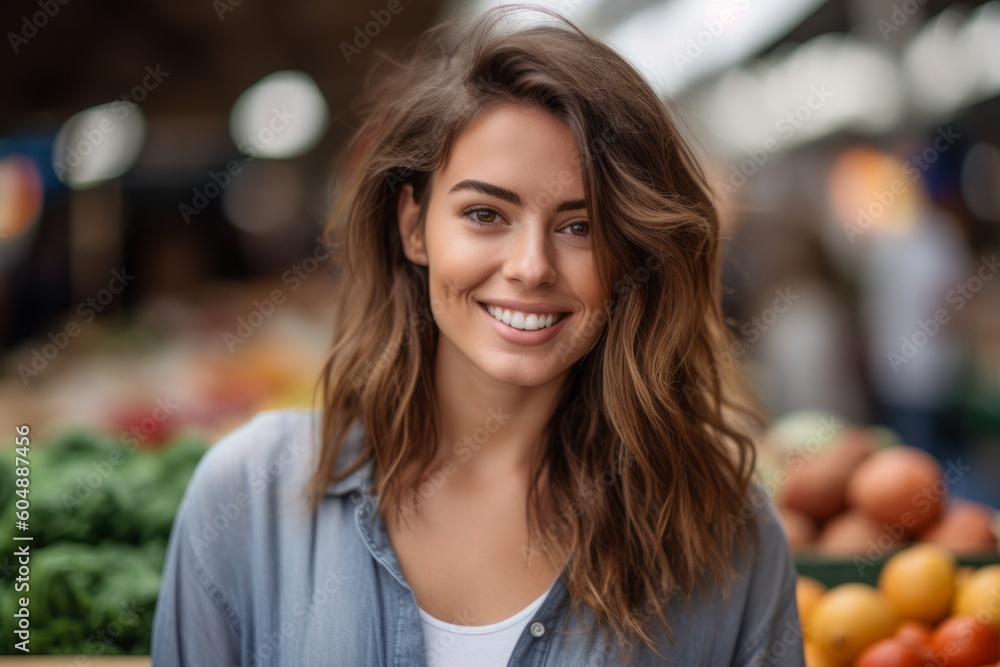 Close-up portrait photography of a satisfied girl in her 30s wearing soft sweatpants against a vibrant farmer's market background. With generative AI technology