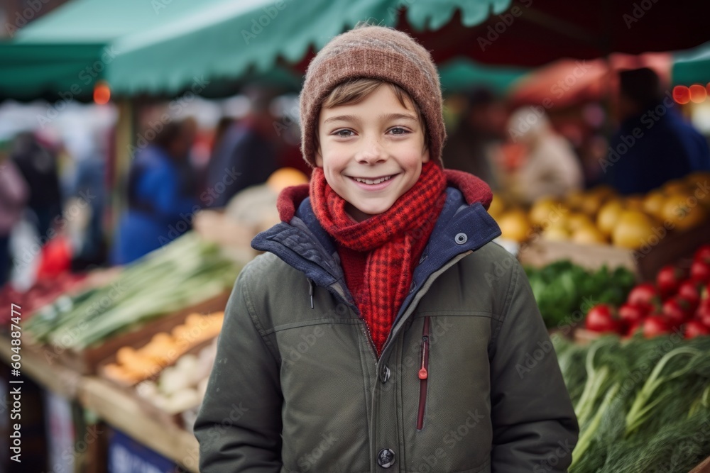 Environmental portrait photography of a happy boy in his 30s wearing a warm parka against a vibrant farmer's market background. With generative AI technology Environmental portrait photography of a happy boy in his 30s wearing a warm parka against a vibrant farmer's market background. With generative AI technology