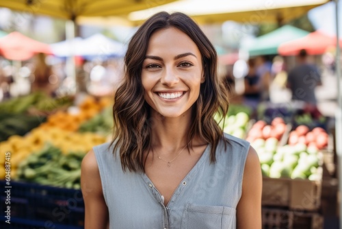 Medium shot portrait photography of a satisfied girl in her 30s wearing a sporty polo shirt against a vibrant farmer's market background. With generative AI technology