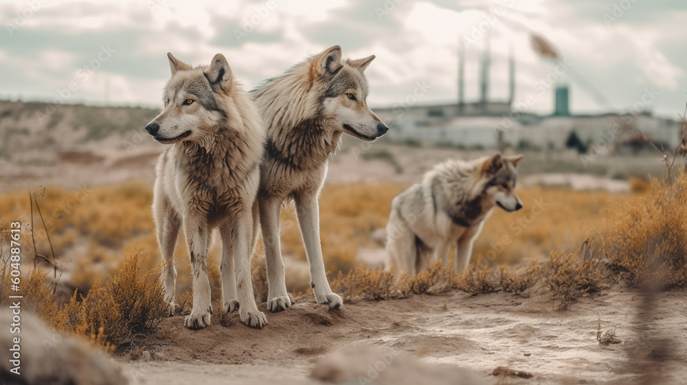 Fototapeta premium Two wolves standing on a hill with the sky in the background