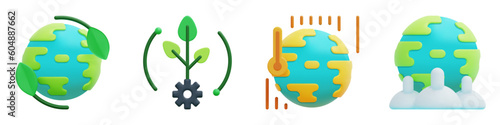 Ecology 3d vector icon set. World ecology, ecosystem, global warming, population. Isolated on white background. 3d icon vector render illustration.