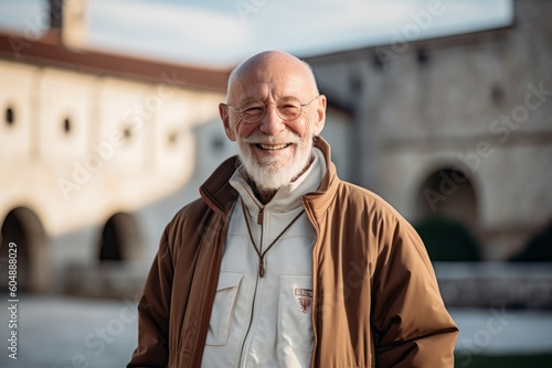 Lifestyle portrait photography of a grinning old man wearing a sleek bomber jacket against a peaceful monastery background. With generative AI technology