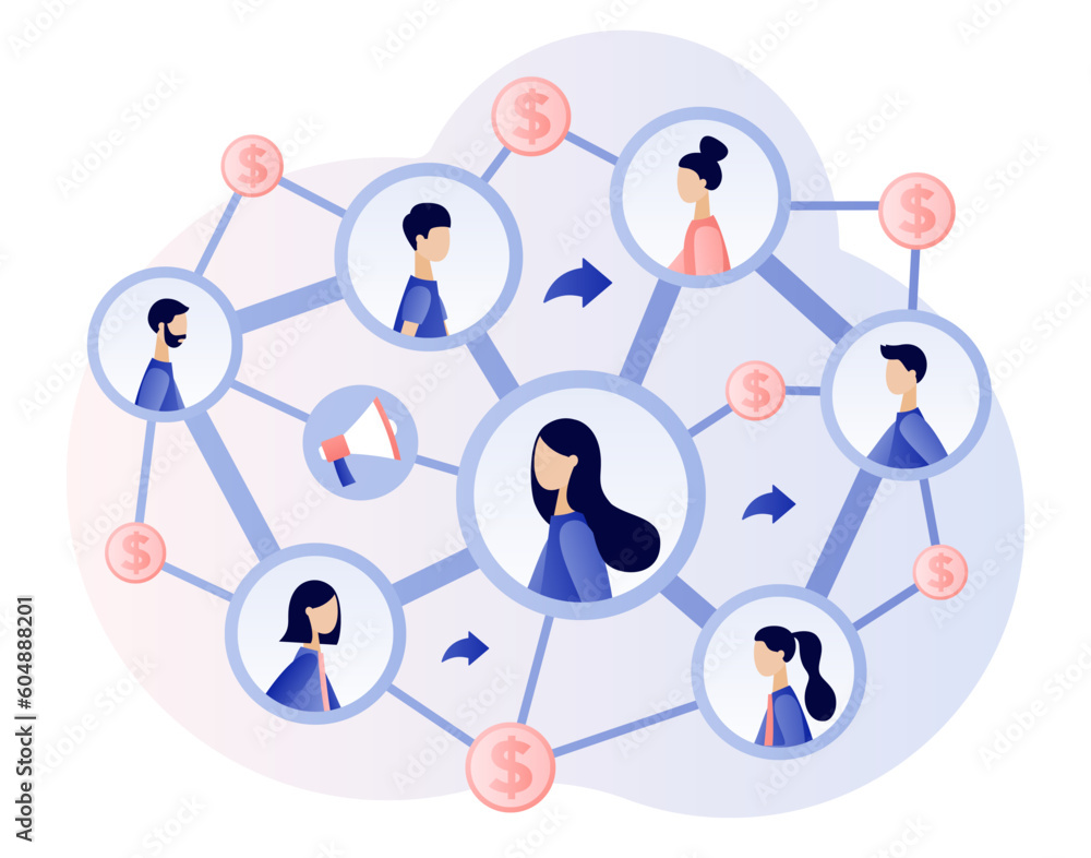 Referral program. Refer a friend concept. Social media marketing. Network marketing. Business partnership. Modern flat cartoon style. Vector illustration on white background Referral program. Refer a friend concept. Social media marketing. Network marketing. Business partnership. Modern flat cartoon style. Vector illustration on white background