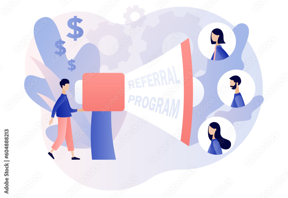 Referral program strategy. Refer a friend concept. Social media marketing. Network marketing. Business partnership. Modern flat cartoon style. Vector illustration on white background Referral program strategy. Refer a friend concept. Social media marketing. Network marketing. Business partnership. Modern flat cartoon style. Vector illustration on white background