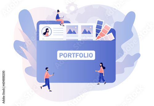 Portfolio concept. Preview folder presentation artist, designer or photographer. Briefcase with work gallery and file collection. Modern flat cartoon style. Vector illustration on white background