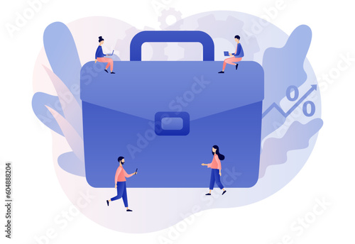 Investment portfolio. Tiny people people with large stock portfolio. Planning invest strategy, savings and budgets. Diversified assets. Financial management concept. Modern flat cartoon style. Vector