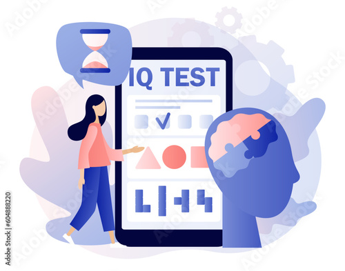 IQ test. Intelligence Quotient. Tiny woman determine cognitive abilities in smartphone app. Modern flat cartoon style. Vector illustration on white background