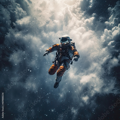 An Astronaut floats alone through the clouds falling from space towards earth, succumbing to gravity