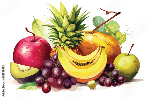 Vector Heap of different fruits and berries isolated on white background.