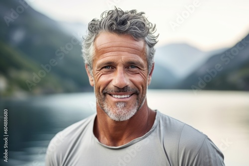 Close-up portrait photography of a grinning mature man wearing breezy shorts against a serene alpine lake background. With generative AI technology