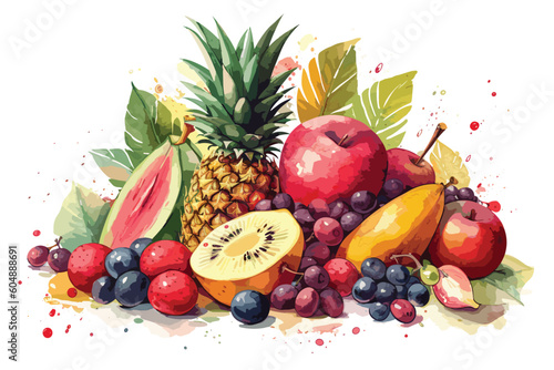 Vector Heap of different fruits and berries isolated on white background.