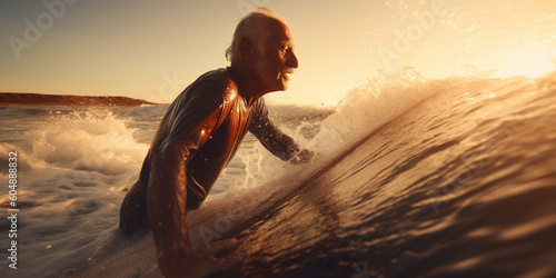 senior surfing at sunset  elderly healthy people lifestyle  panoramic image. Generative Ai