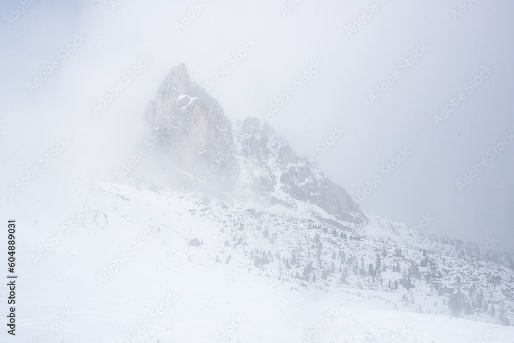 Mountain in fog with snow