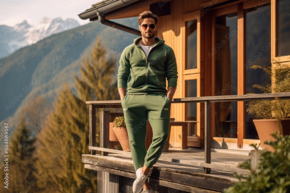 Medium shot portrait photography of a satisfied boy in his 30s wearing soft sweatpants against a picturesque mountain chalet background. With generative AI technology