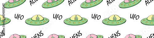 Seamless childish pattern with Flying Saucers, UFO, cute aliens. Vector background and texture for fabric, wrapping, wallpaper, textile, apparel, cover